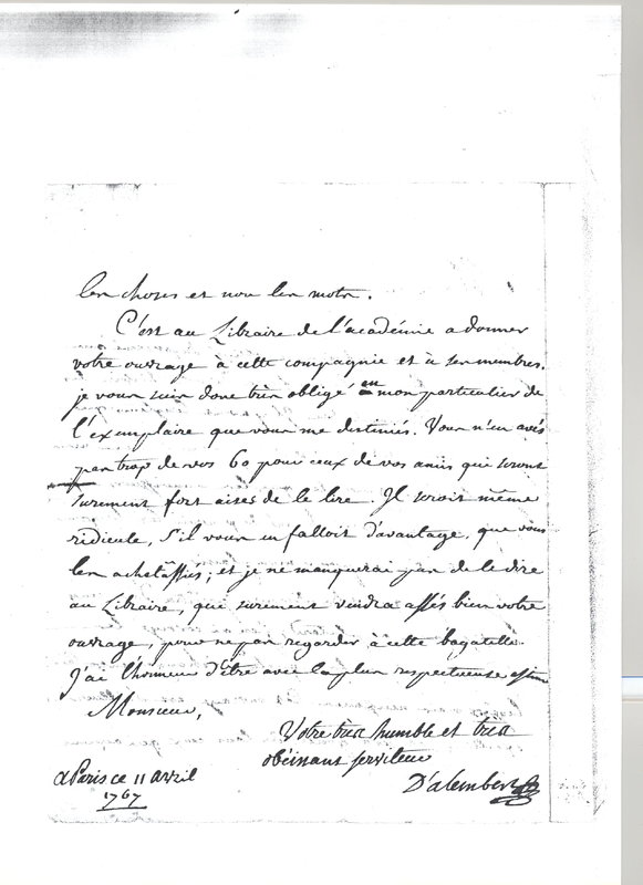 Lettre de D'Alembert à Descamps, 11 avril 1767 Lettre de D'Alembert à Descamps, 11 avril 1767