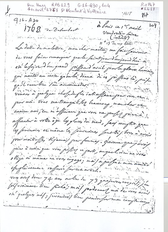 Lettre de D'Alembert à Voltaire, 1er avril 1768 Lettre de D'Alembert à Voltaire, 1er avril 1768