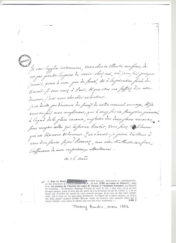 Lettre de D'Alembert à Tressan, 16 août 1780 Lettre de D'Alembert à Tressan, 16 août 1780