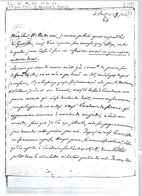 Lettre de D'Alembert à Lagrange, 18 juin 1765 Lettre de D'Alembert à Lagrange, 18 juin 1765