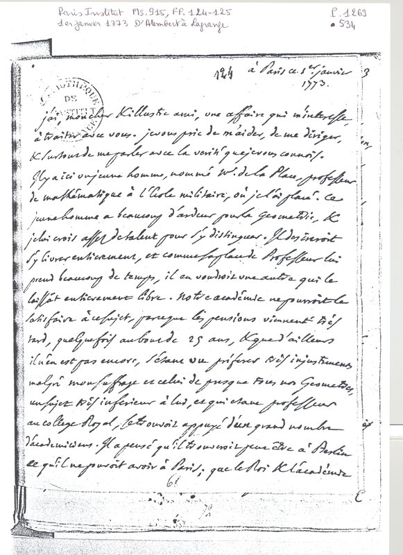 Lettre de D'Alembert à Lagrange, 1er janvier 1773 Lettre de D'Alembert à Lagrange, 1er janvier 1773