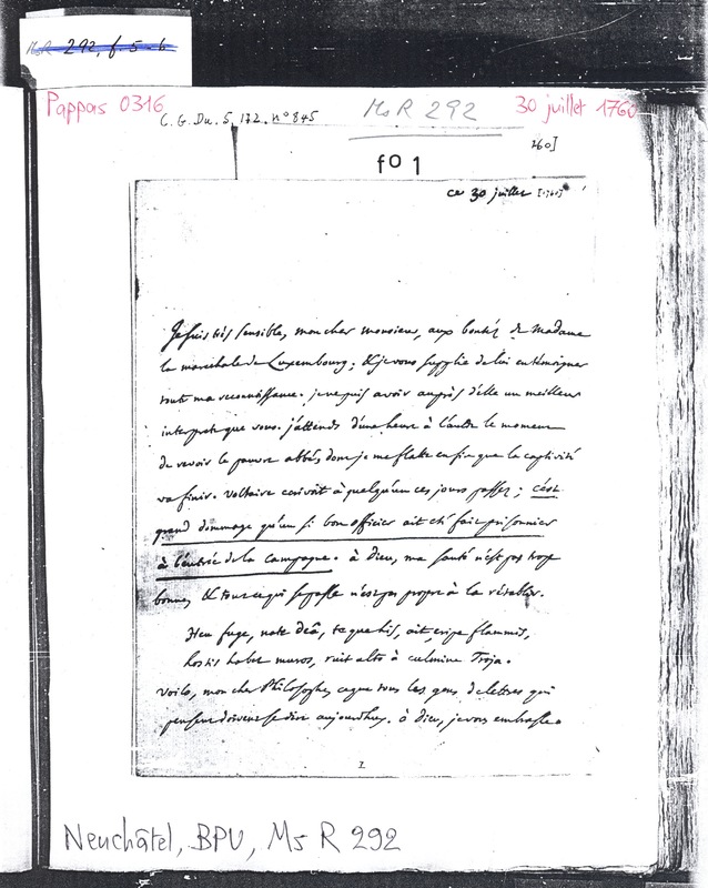 Lettre de D'Alembert à Rousseau Jean Jacques, 30 juillet 1760 Lettre de D'Alembert à Rousseau Jean Jacques, 30 juillet 1760