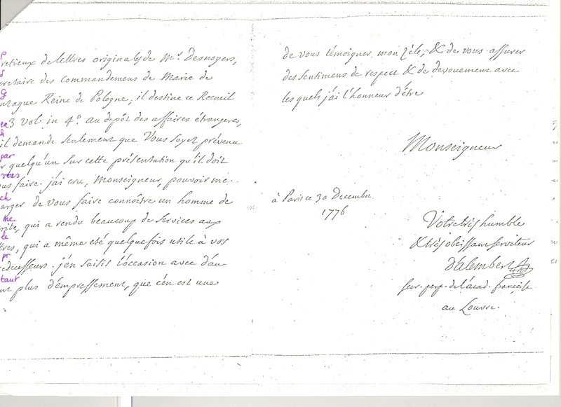 Lettre de D'Alembert à Vergennes, 30 décembre 1776 Lettre de D'Alembert à Vergennes, 30 décembre 1776