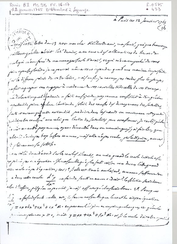 Lettre de D'Alembert à Lagrange, 12 janvier 1765 Lettre de D'Alembert à Lagrange, 12 janvier 1765