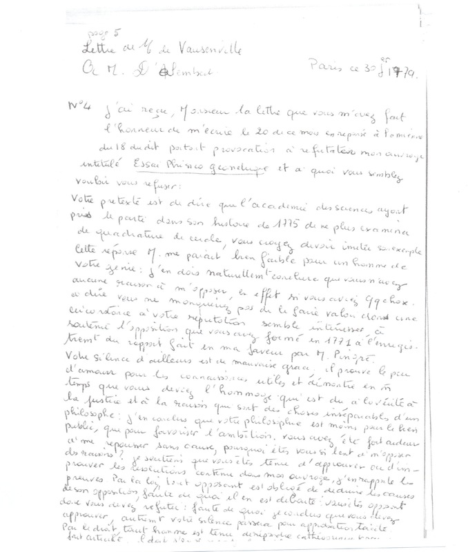 Lettre de Vausenville à D'Alembert, 30 janvier 1779
