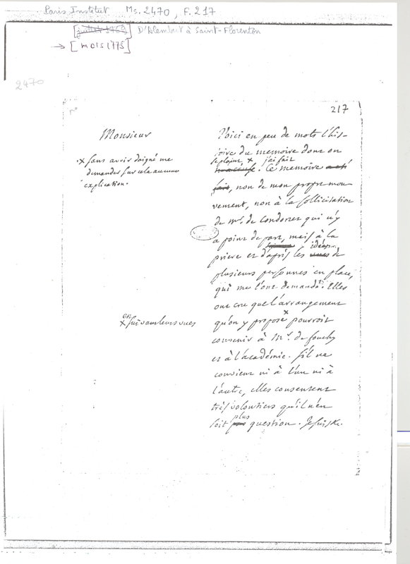 Lettre de D'Alembert à Saint Florentin, mars 1775 Lettre de D'Alembert à Saint Florentin, mars 1775