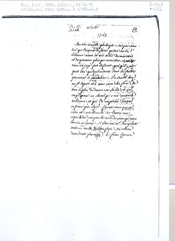 Lettre de Voltaire à D'Alembert, 15 décembre 1763 Lettre de Voltaire à D'Alembert, 15 décembre 1763