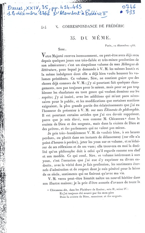 Lettre de D'Alembert à Frédéric II, 12 décembre 1766 Lettre de D'Alembert à Frédéric II, 12 décembre 1766
