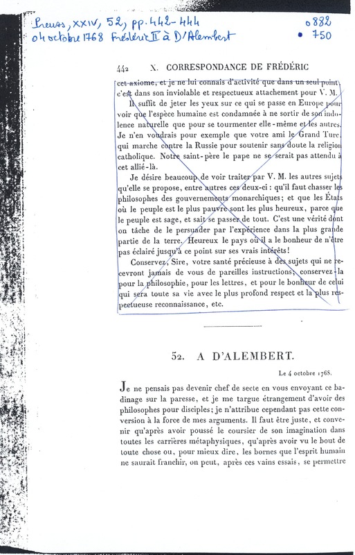 Lettre de Frédéric II à D'Alembert, 4 octobre 1768 Lettre de Frédéric II à D'Alembert, 4 octobre 1768
