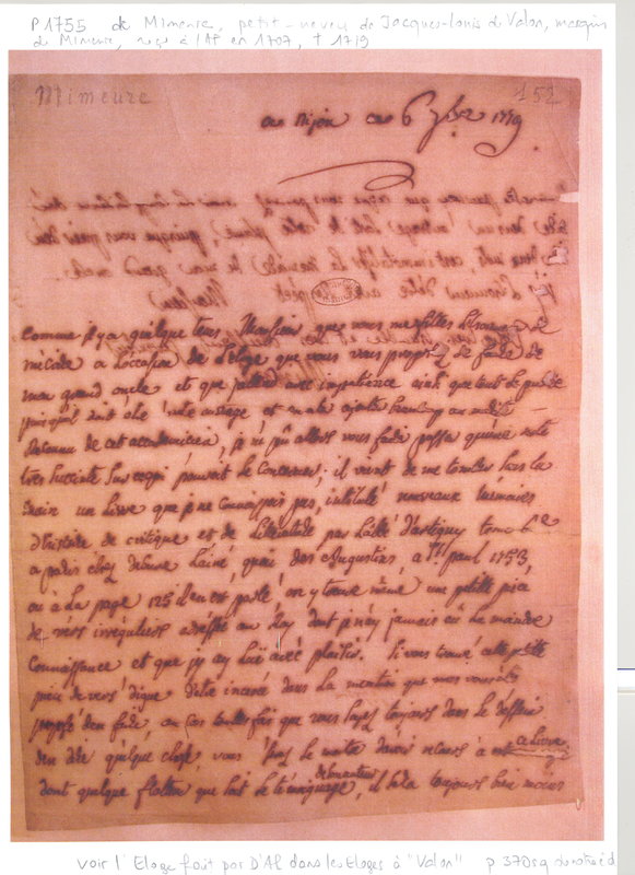 Lettre de Mimeure à D'Alembert, 6 septembre 1779 Lettre de Mimeure à D'Alembert, 6 septembre 1779