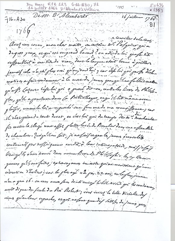 Lettre de D'Alembert à Voltaire, 16 juillet 1766 Lettre de D'Alembert à Voltaire, 16 juillet 1766