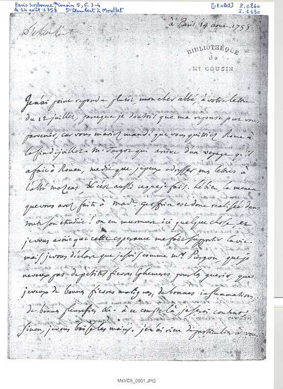 Lettre de D'Alembert à Morellet, 14 août 1758 Lettre de D'Alembert à Morellet, 14 août 1758