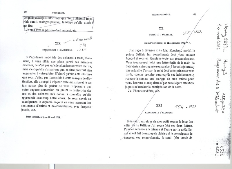 Lettre de Razoumovski à D'Alembert, 10 mai 1764 Lettre de Razoumovski à D'Alembert, 10 mai 1764