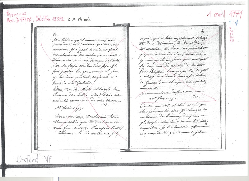 Lettre de Voltaire à D'Alembert, 1er avril 1771 Lettre de Voltaire à D'Alembert, 1er avril 1771