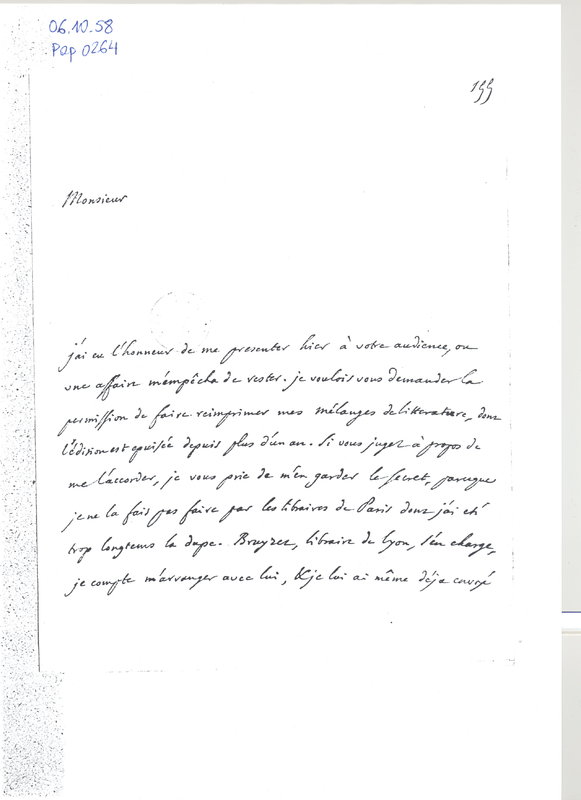 Lettre de D'Alembert à Malesherbes, 6 octobre 1758 Lettre de D'Alembert à Malesherbes, 6 octobre 1758