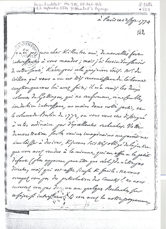 Lettre de D'Alembert à Lagrange, 12 septembre 1774 Lettre de D'Alembert à Lagrange, 12 septembre 1774