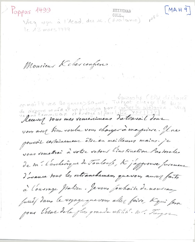 Lettre de D'Alembert à Vicq d'Azyr, 24 septembre 1775 Lettre de D'Alembert à Vicq d'Azyr, 24 septembre 1775