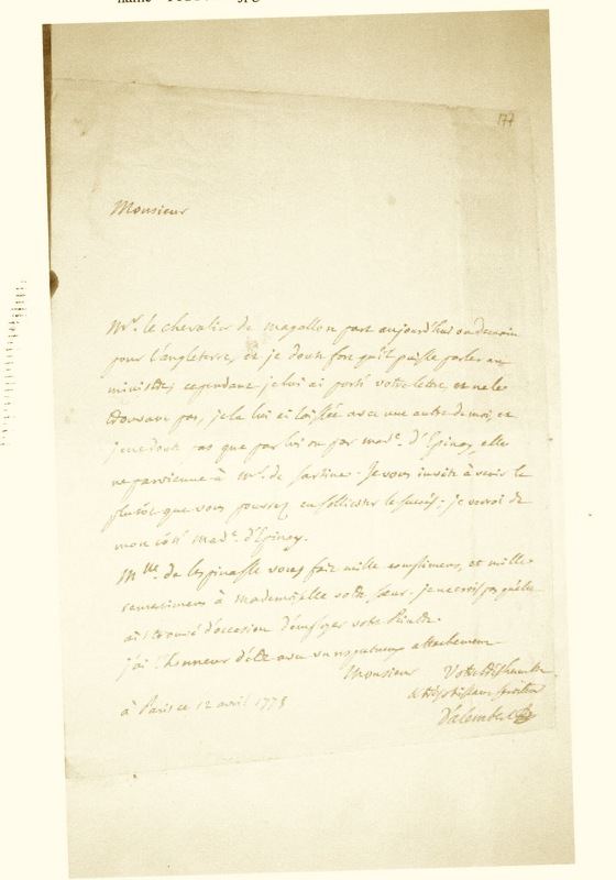 Lettre de D'Alembert à Bernardin de Saint Pierre, 12 avril 1775 Lettre de D'Alembert à Bernardin de Saint Pierre, 12 avril 1775
