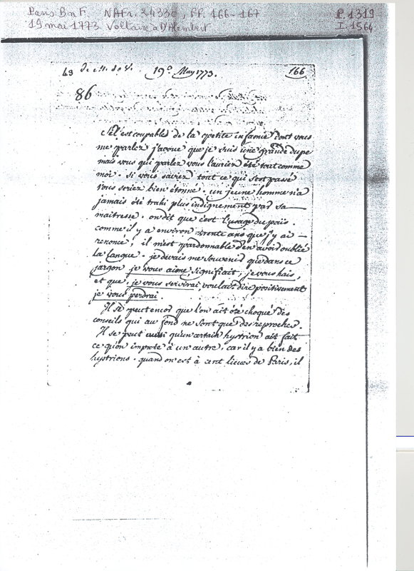 Lettre de Voltaire à D'Alembert, 19 mai 1773 Lettre de Voltaire à D'Alembert, 19 mai 1773