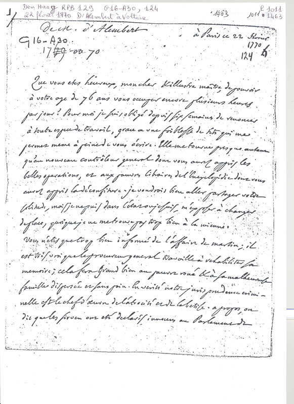 Lettre de D'Alembert à Voltaire, 22 février 1770