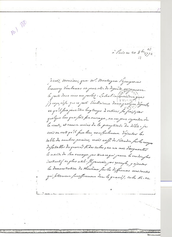 Lettre de D'Alembert à Turgot, 20 octobre 1772 Lettre de D'Alembert à Turgot, 20 octobre 1772