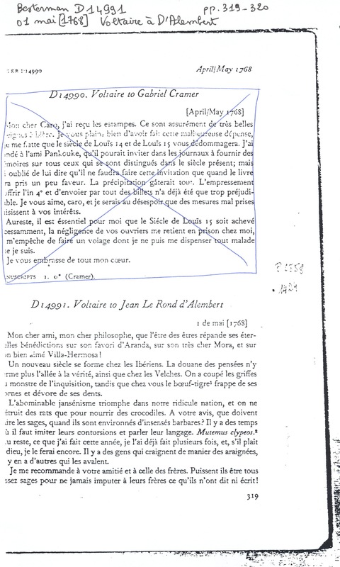 Lettre de Voltaire à D'Alembert, 1er mai 1768 Lettre de Voltaire à D'Alembert, 1er mai 1768