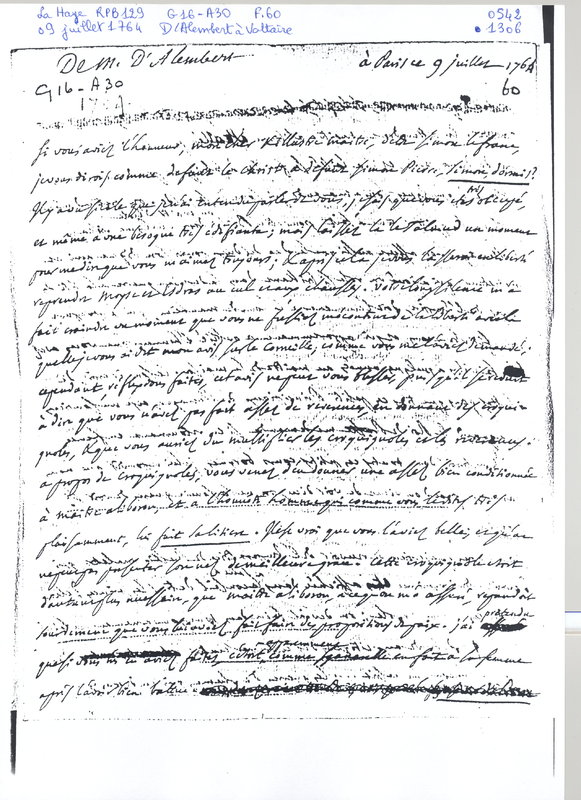 Lettre de D'Alembert à Voltaire, 9 juillet 1764