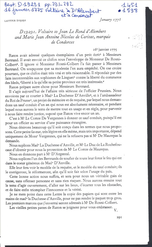 Lettre de Voltaire à D'Alembert et Condorcet, 16 janvier 1775 Lettre de Voltaire à D'Alembert et Condorcet, 16 janvier 1775