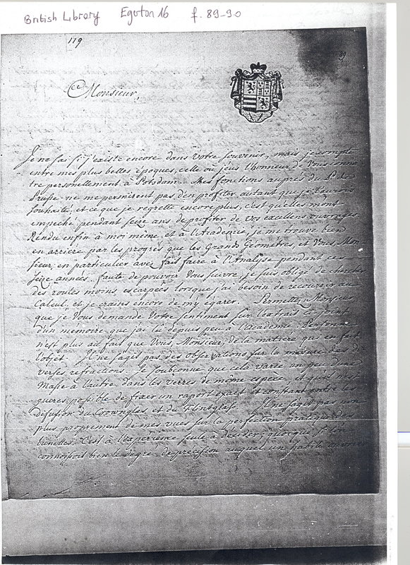 Lettre de Beguelin à D'Alembert, 20 novembre 1767 Lettre de Beguelin à D'Alembert, 20 novembre 1767