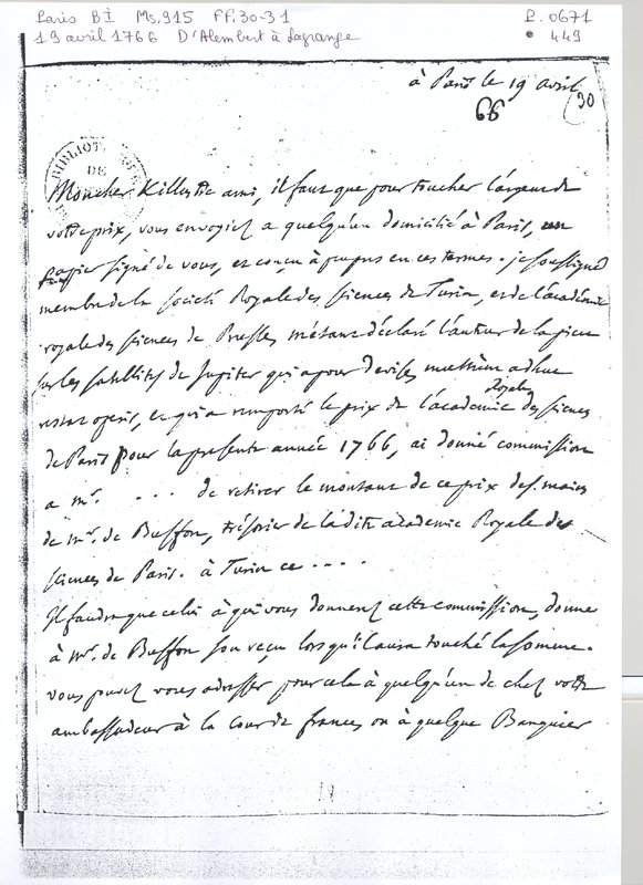 Lettre de D'Alembert à Lagrange, 19 avril 1766 Lettre de D'Alembert à Lagrange, 19 avril 1766