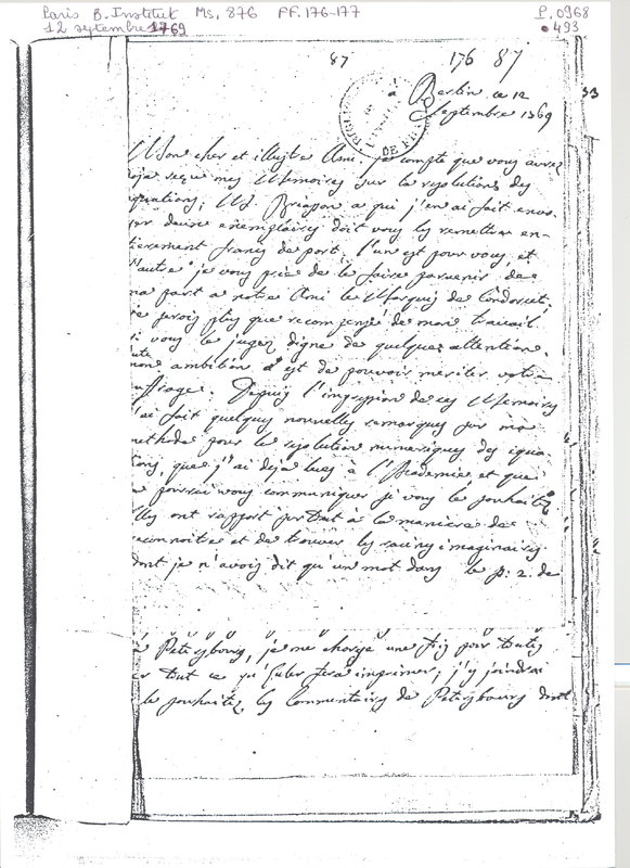 Lettre de Lagrange à D'Alembert, 12 septembre 1769 Lettre de Lagrange à D'Alembert, 12 septembre 1769