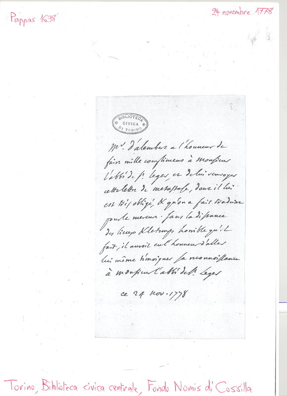 Lettre de D'Alembert à Mercier de Saint Léger, 24 novembre 1778 Lettre de D'Alembert à Mercier de Saint Léger, 24 novembre 1778