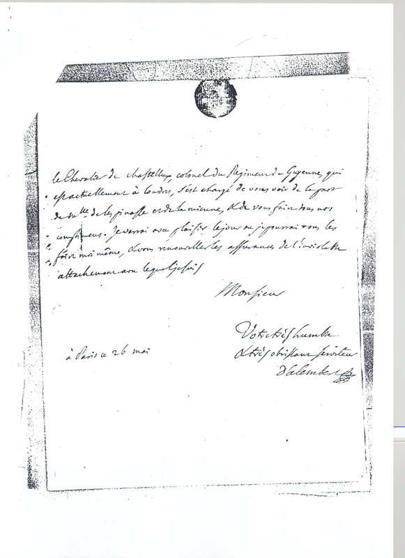 Lettre de D'Alembert à Dutens, 26 mai 1768 Lettre de D'Alembert à Dutens, 26 mai 1768