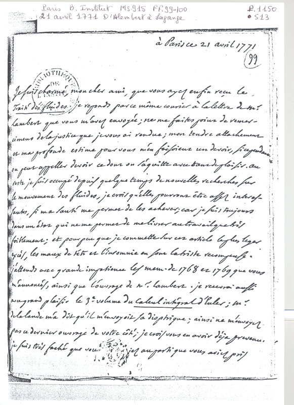Lettre de D'Alembert à Lagrange, 21 avril 1771 Lettre de D'Alembert à Lagrange, 21 avril 1771
