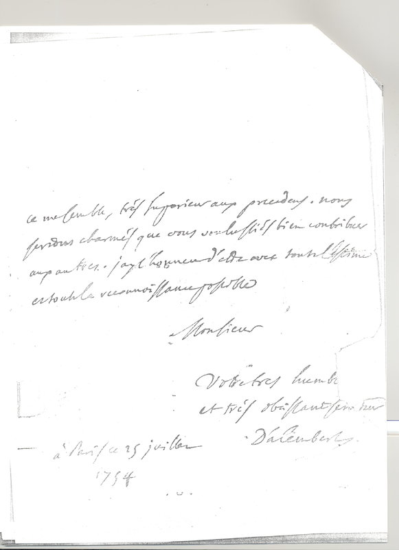 Lettre de D'Alembert à Ratte, 25 juillet 1754 Lettre de D'Alembert à Ratte, 25 juillet 1754