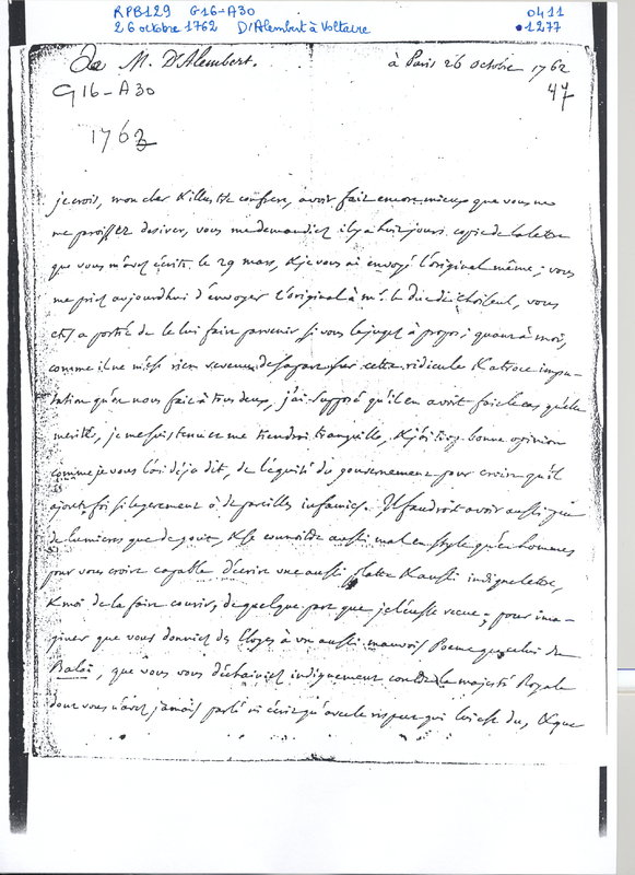 Lettre de D'Alembert à Voltaire, 26 octobre 1762 Lettre de D'Alembert à Voltaire, 26 octobre 1762