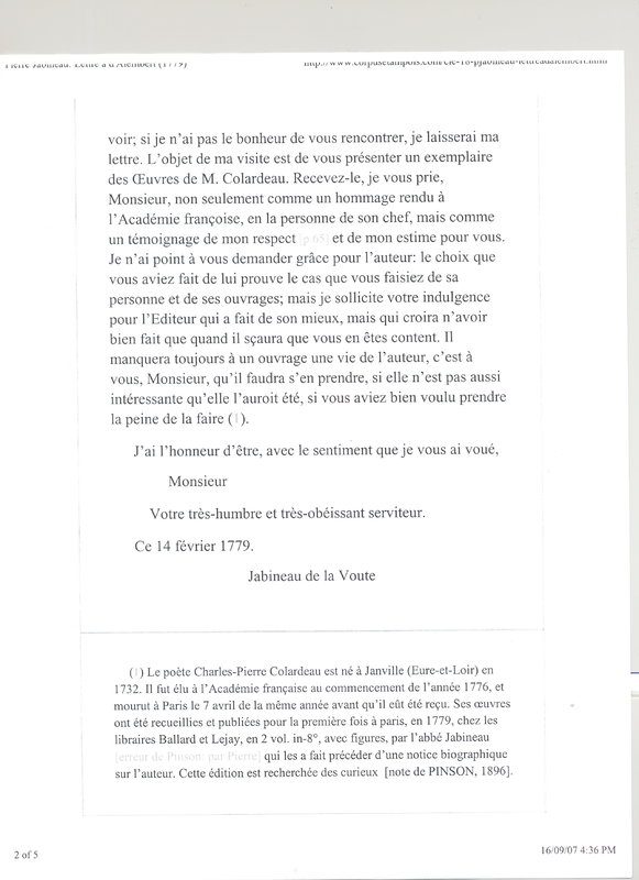 Lettre de Jabineau de la Voute à D'Alembert, 14 février 1779 Lettre de Jabineau de la Voute à D'Alembert, 14 février 1779