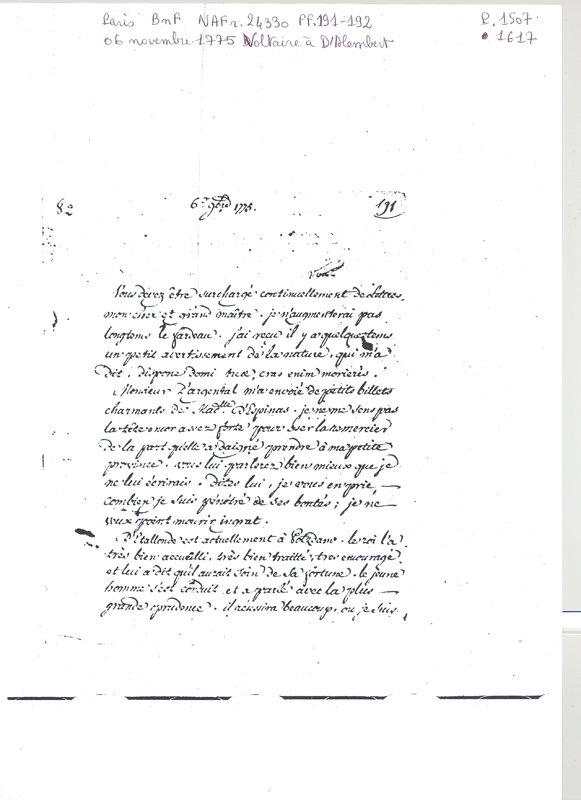 Lettre de Voltaire à D'Alembert, 6 novembre 1775 Lettre de Voltaire à D'Alembert, 6 novembre 1775
