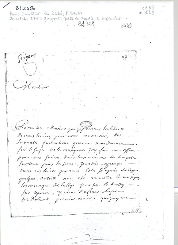 Lettre de Guigont à D'Alembert, 20 octobre 1765 Lettre de Guigont à D'Alembert, 20 octobre 1765
