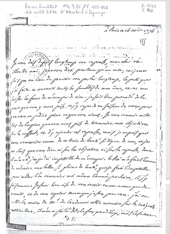 Lettre de D'Alembert à Lagrange, 16 août 1776 Lettre de D'Alembert à Lagrange, 16 août 1776