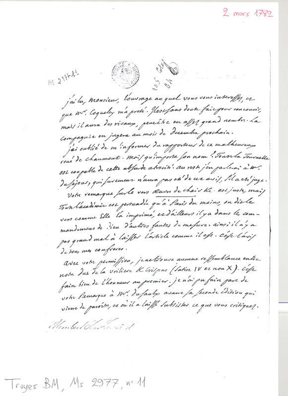 Lettre de D'Alembert à Grosley, 2 mars 1782 Lettre de D'Alembert à Grosley, 2 mars 1782