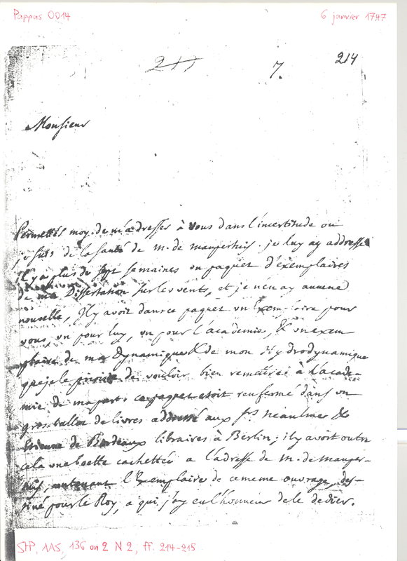 Lettre de D'Alembert à Euler Leonhard, 6 janvier 1747 Lettre de D'Alembert à Euler Leonhard, 6 janvier 1747