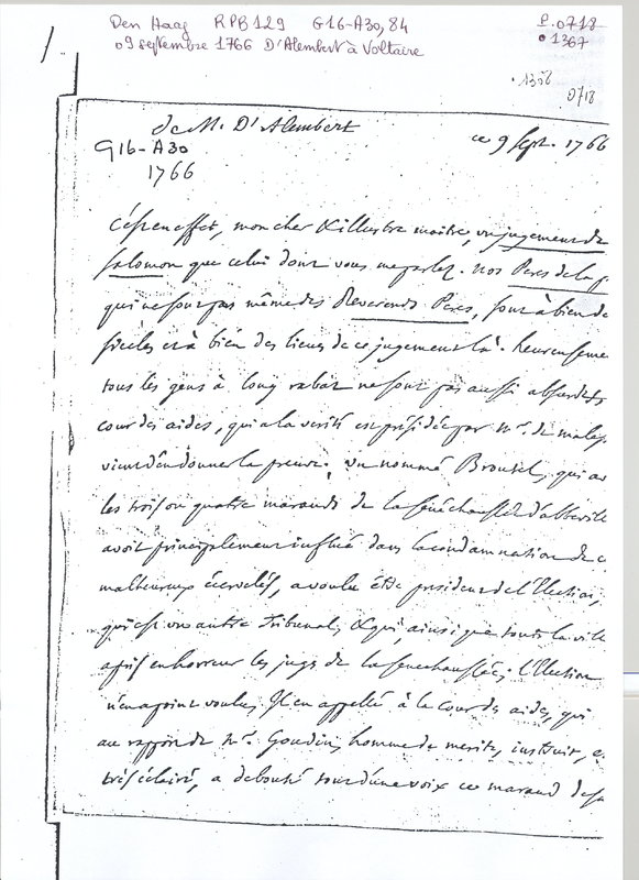 Lettre de D'Alembert à Voltaire, 9 septembre 1766 Lettre de D'Alembert à Voltaire, 9 septembre 1766