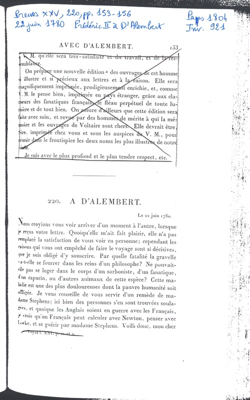 Lettre de Frédéric II à D'Alembert, 22 juin 1780 Lettre de Frédéric II à D'Alembert, 22 juin 1780