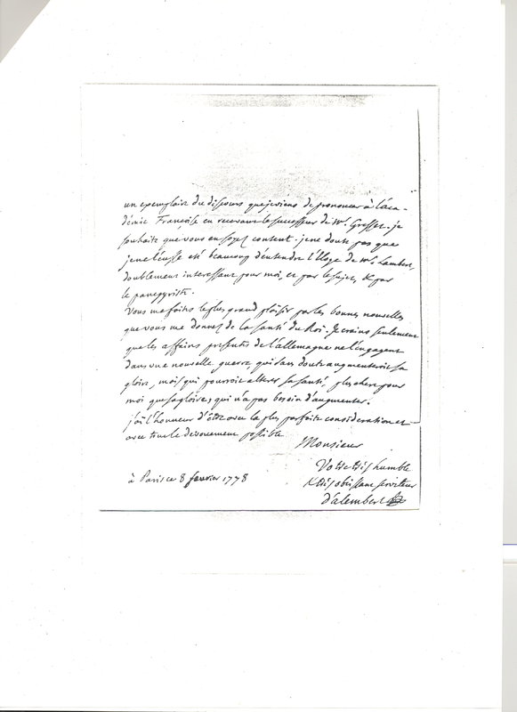 Lettre de D'Alembert à Formey, 8 février 1778