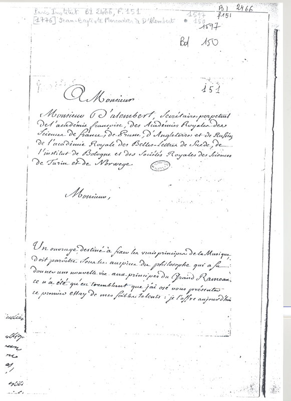 Lettre de Mercadier à D'Alembert, 1776