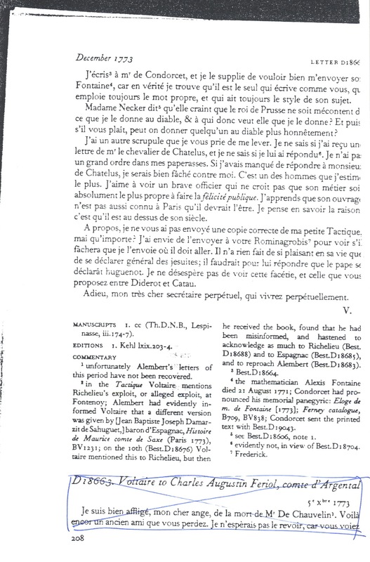 Lettre de Voltaire à D'Alembert, 5 décembre 1773 Lettre de Voltaire à D'Alembert, 5 décembre 1773