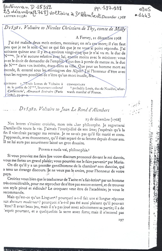 Lettre de Voltaire à D'Alembert, 23 décembre 1768 Lettre de Voltaire à D'Alembert, 23 décembre 1768