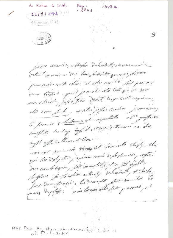 Lettre de Rohan à D'Alembert, 19 janvier 1774 Lettre de Rohan à D'Alembert, 19 janvier 1774