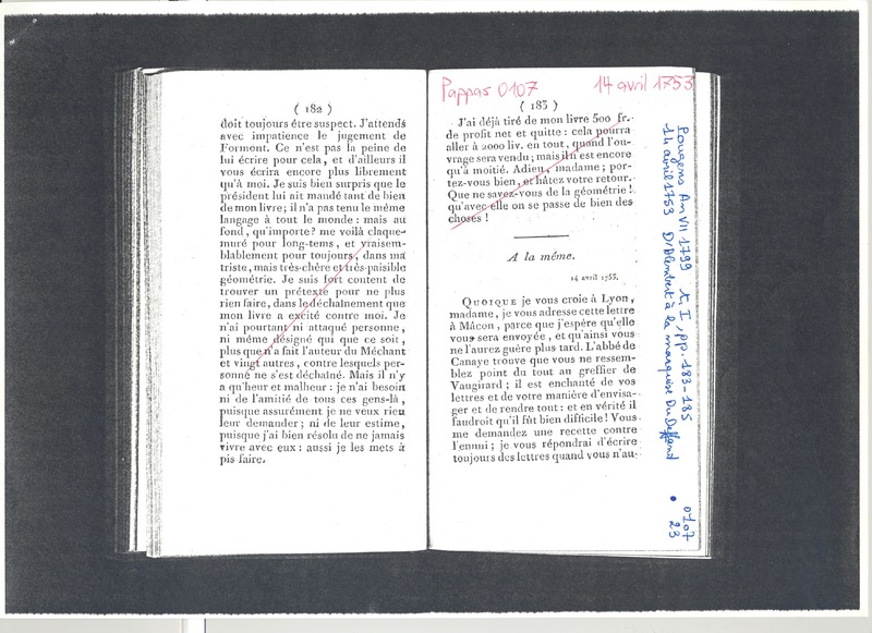 Lettre de D'Alembert à Mme Du Deffand (Vichy Chamron), 14 avril 1753